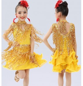 Gold yellow sequins girls kids children performance competition school play latin salsa cha cha dance dresses